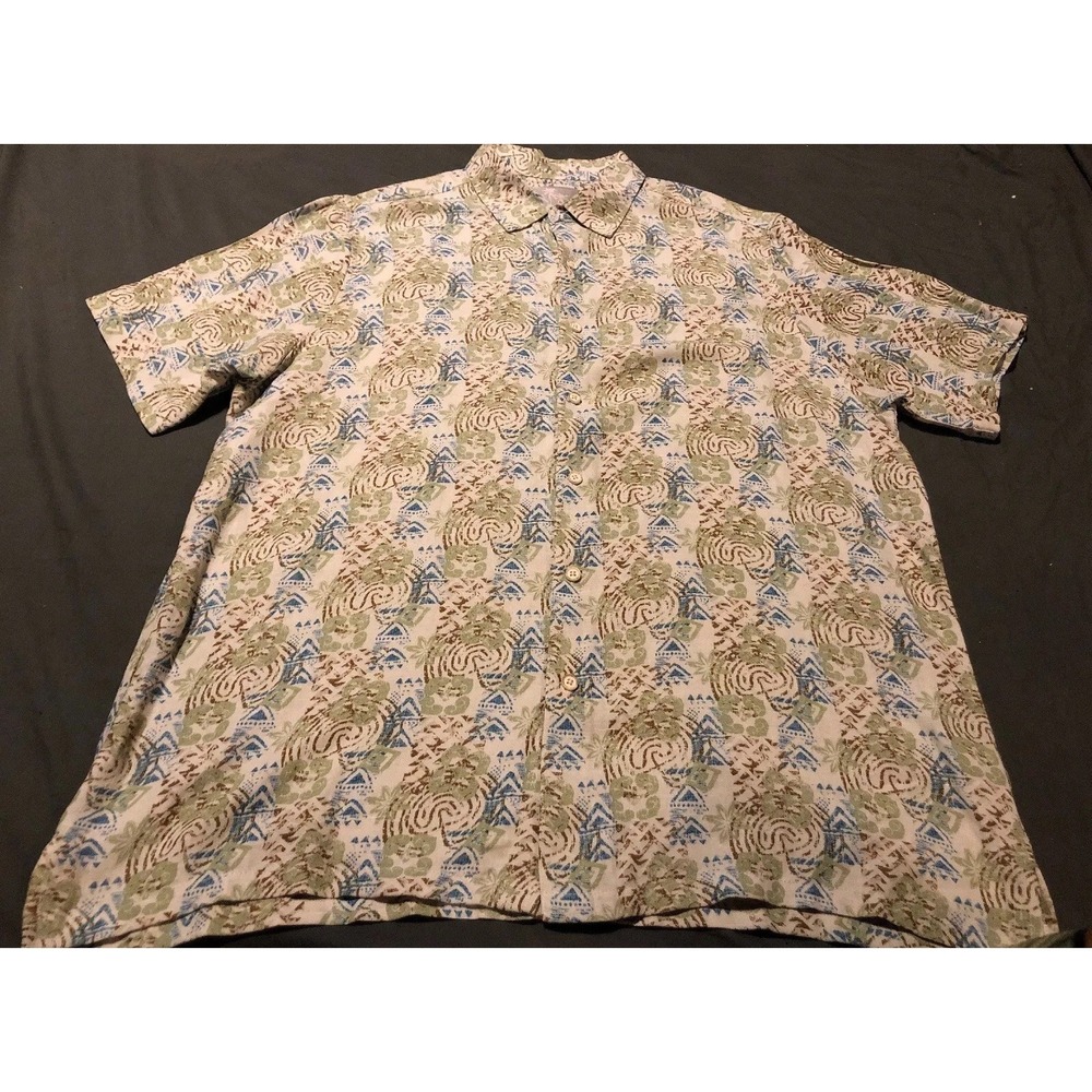 Margaritaville Mens Shirt Sz XL Hawaiian Blue Beige Silk Linen Blend